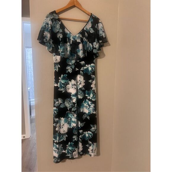 Connected Apparel 12 Ruffle Chest Floral Midi Dress Black Blue Wedding Guest NWT - Picture 9 of 15